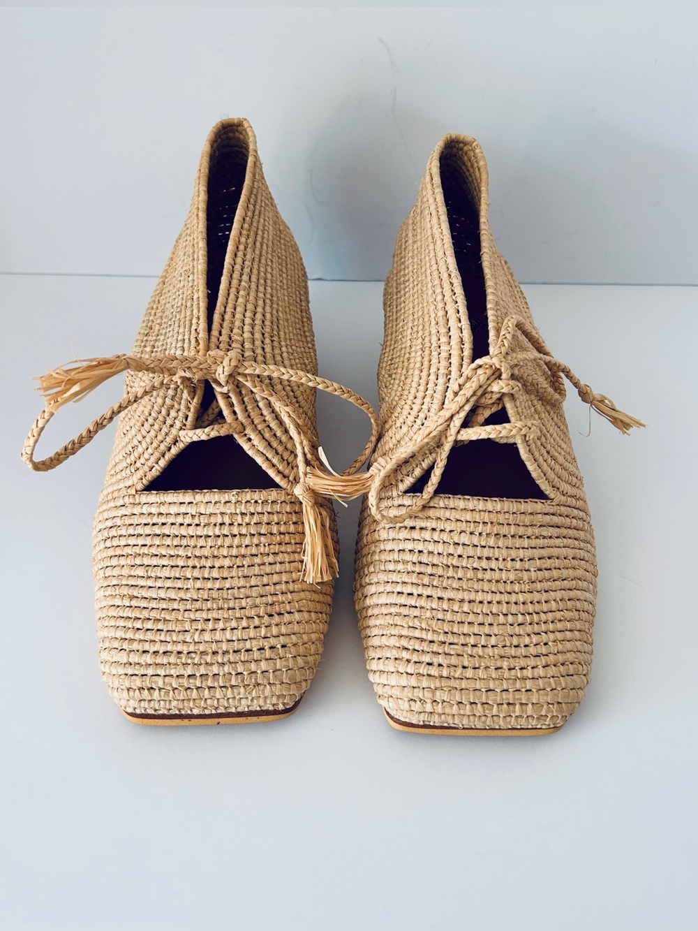 Bulibasha Iften Lace Up Raffia Heels Shoes Resort Square Toe Cream Size 35 US 5